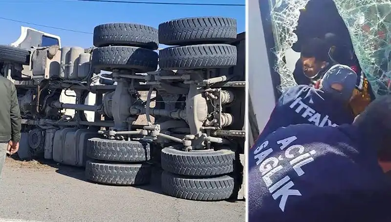 Virajı Alamayan Kamyonun Dramı: Yolcu Taşıyan Araç Yan Yattı